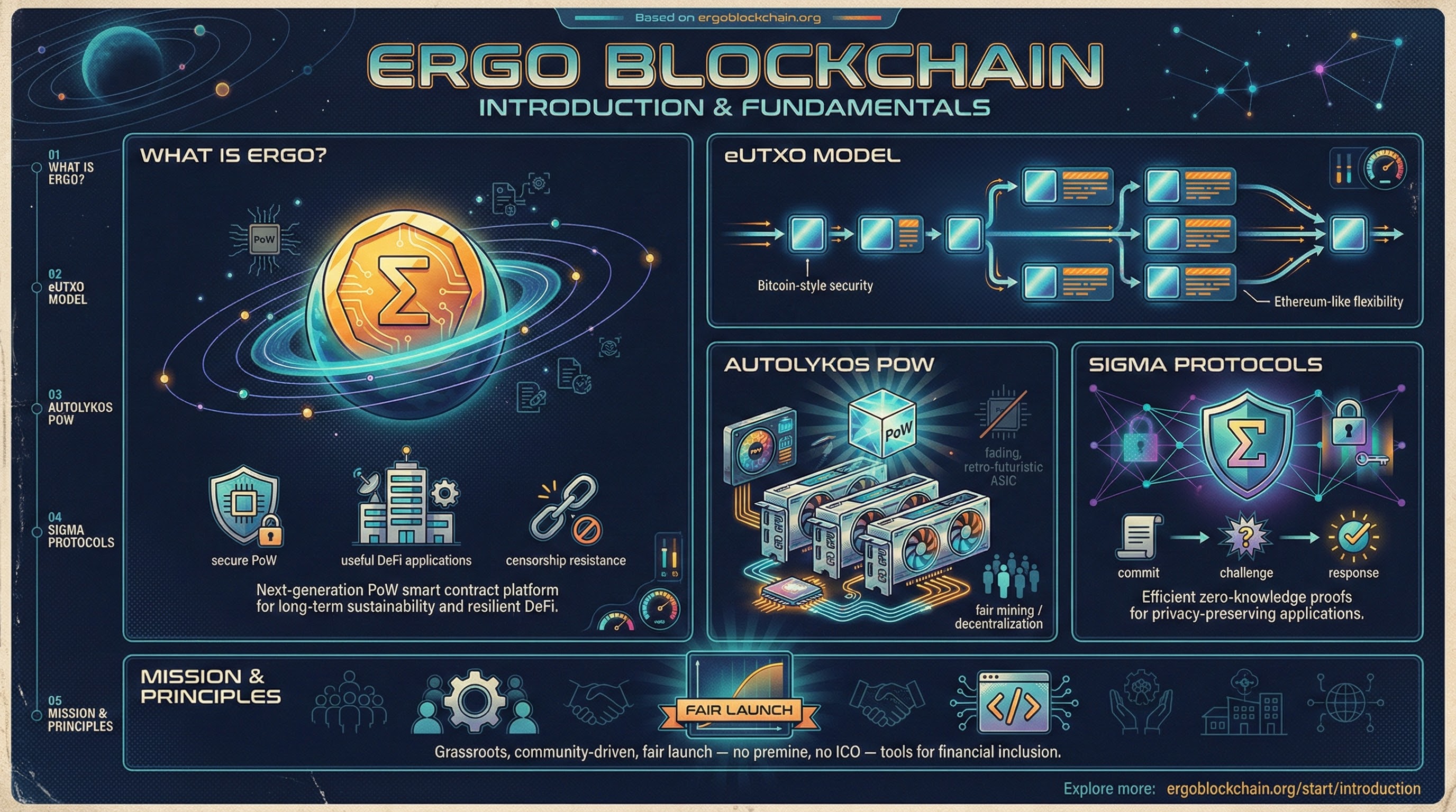 Infographic titled Ergo Blockchain: Introduction & Fundamentals summarizing what Ergo is, the eUTXO model, Autolykos PoW, Sigma Protocols, and its mission and principles.