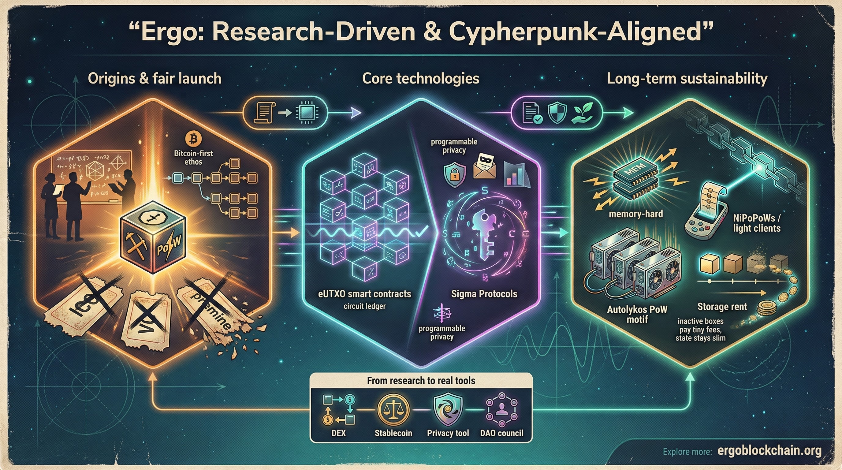 Infographic titled Ergo Blockchain: Research-Driven & Cypherpunk-Aligned summarizing Ergo's origins and fair launch, core technologies like eUTXO and Sigma Protocols, and long-term sustainability features such as Autolykos, NiPoPoWs and storage rent.