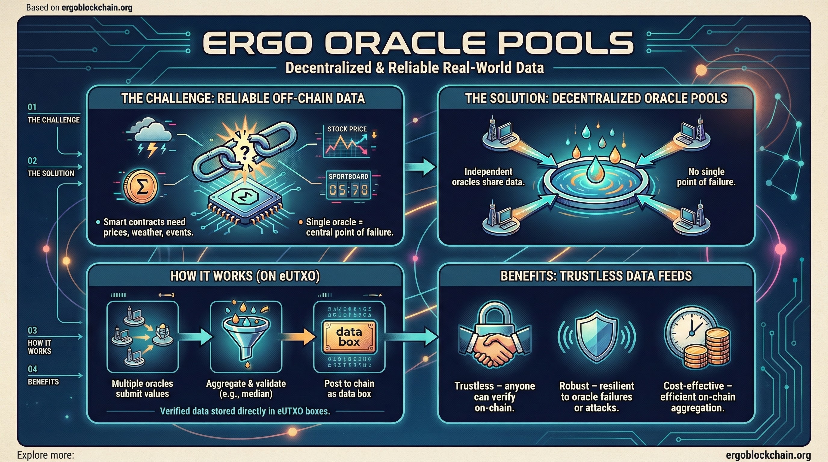 Infographic titled Ergo's Oracle Pools: Decentralized & Reliable Real-World Data explaining the off-chain data challenge, decentralized oracle pools solution, how it works, and the benefits.