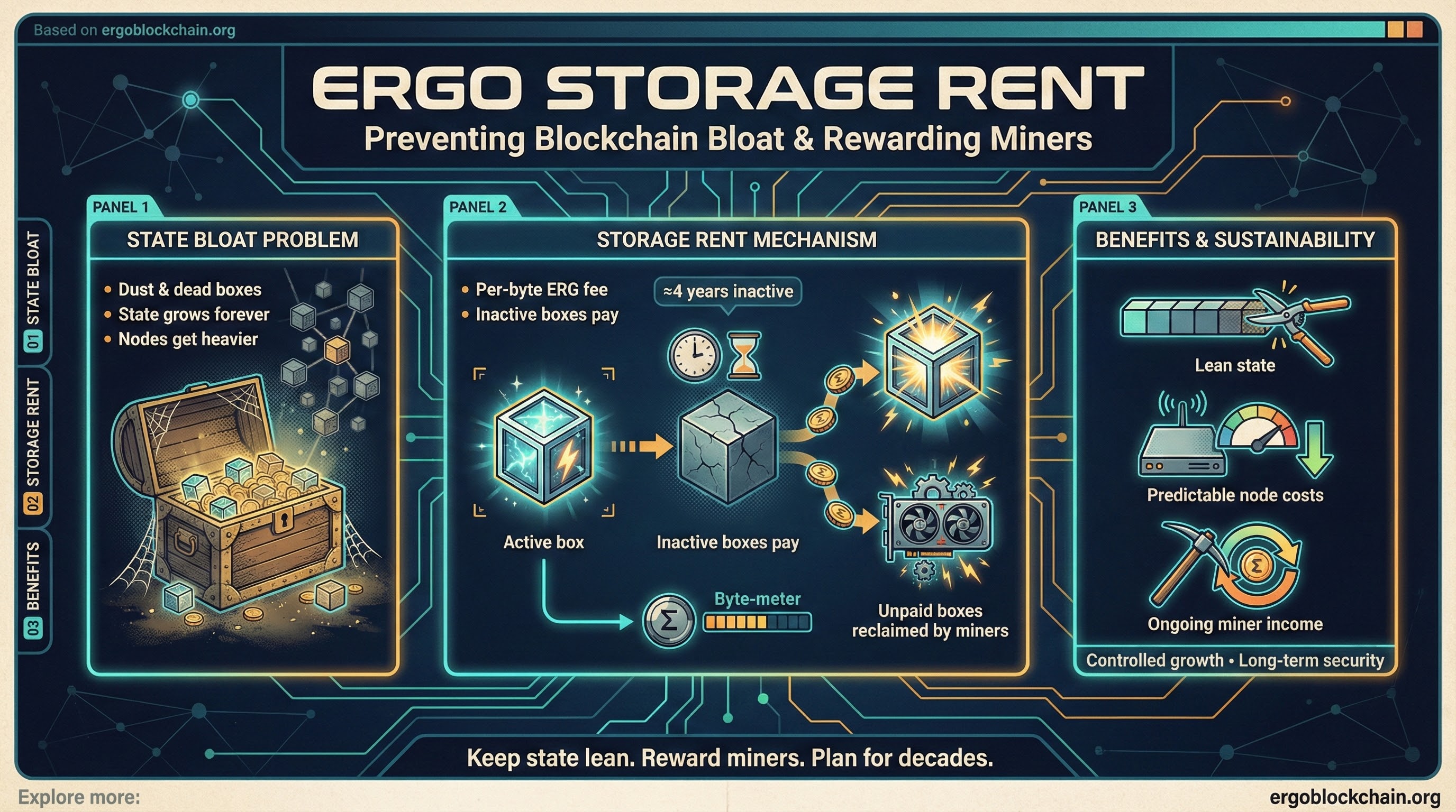 Infographic titled Ergo Storage Rent: Preventing Blockchain Bloat & Rewarding Miners explaining the state bloat problem and storage rent solution.