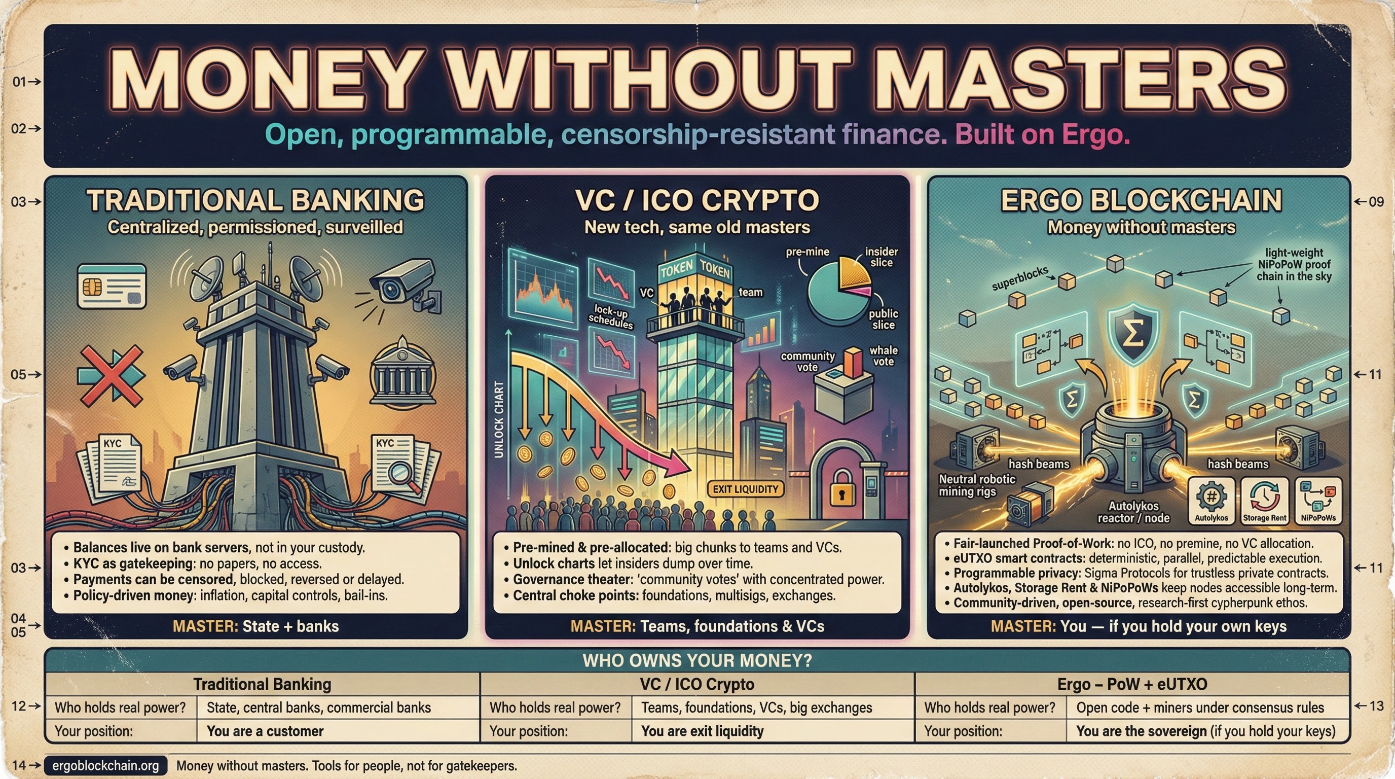 Infographic titled Money Without Masters comparing traditional banking and VC/ICO crypto to the Ergo blockchain in terms of control, censorship and who really owns your money.