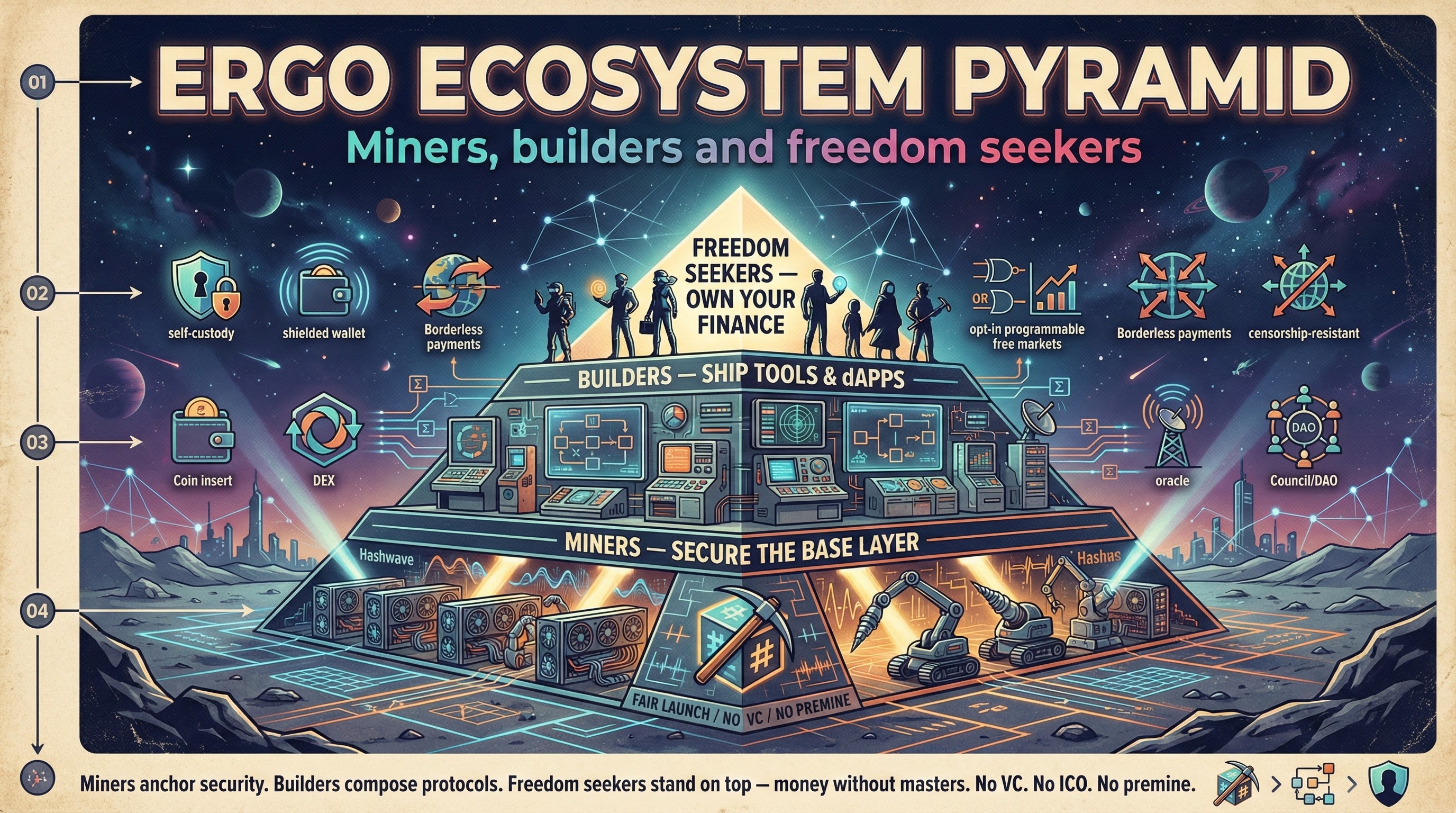 Infographic with a glowing three-layer pyramid labeled miners at the base, builders in the middle, and freedom seekers at the top, explaining how Ergo is powered by builders and designed for financial freedom.