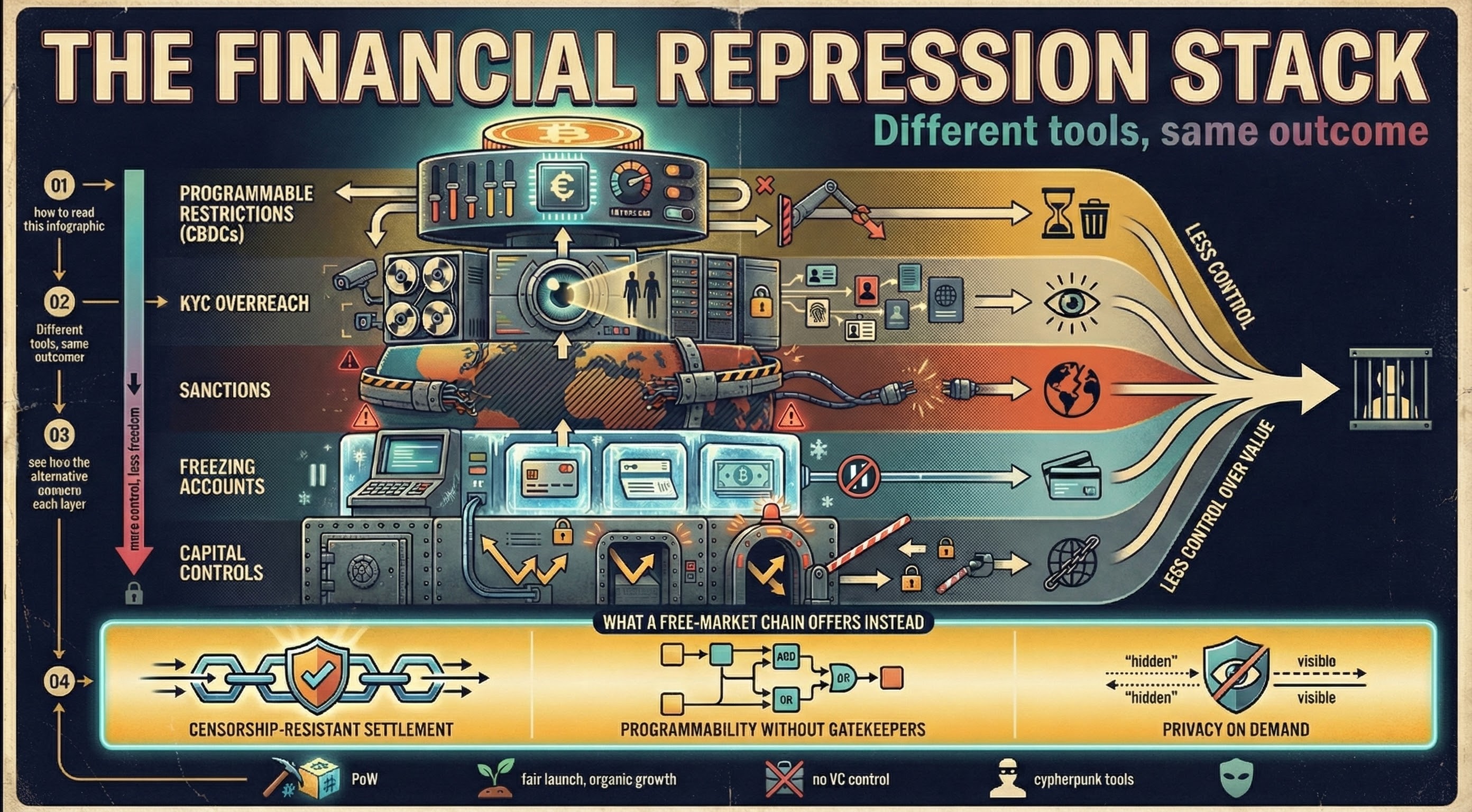 Infographic titled What We're Fighting Against showing a stacked tower of financial repression tools like CBDCs, KYC overreach, sanctions, freezing accounts and capital controls, contrasted with Ergo's censorship-resistant settlement, programmability without gatekeepers and privacy on demand.